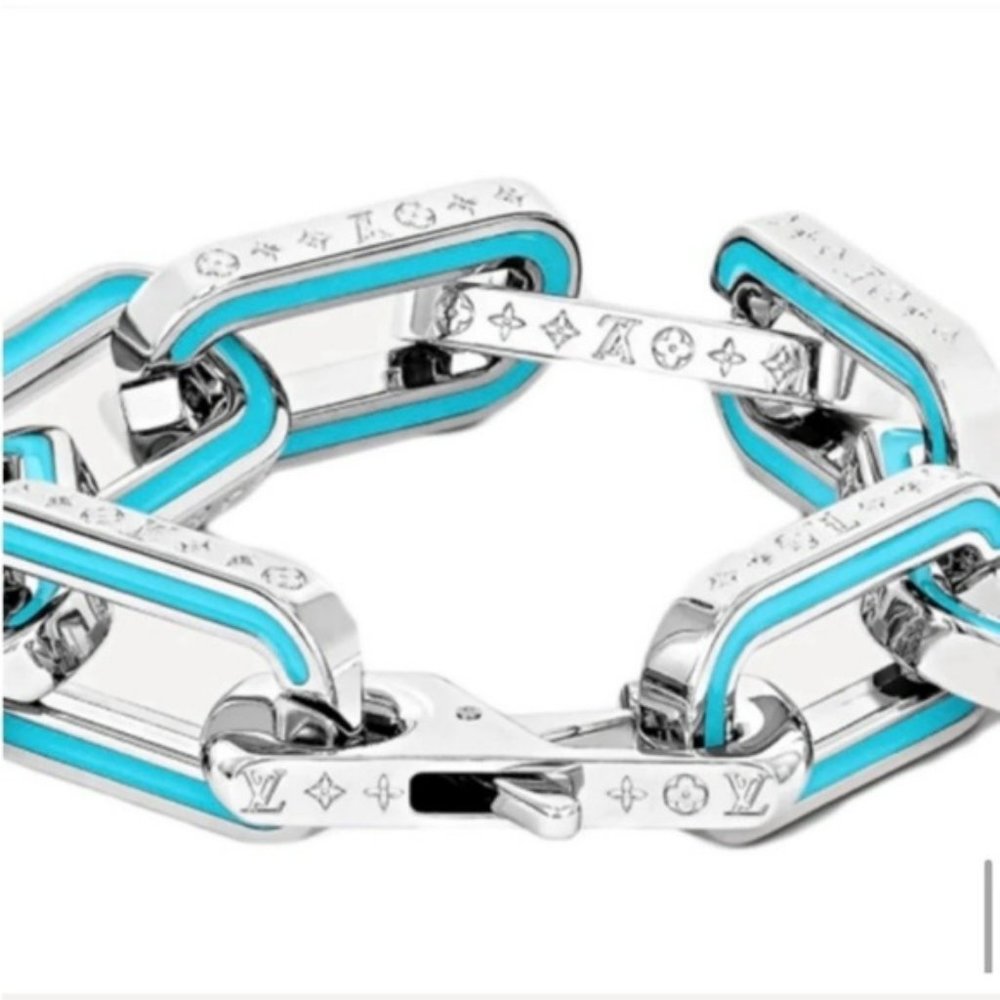 AUTHENTIC LOUIS VUITTON LVMONOGRAM LINKS STERLING & BLUE ENAMEL BRACELET 8